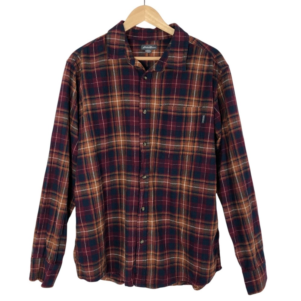 Eddie Bauer Button Up Flannel Shirt Men's Size XL Red Orange Plaid Long Sleeve